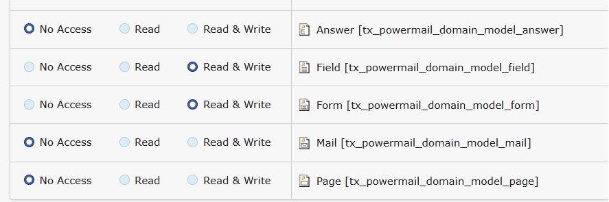 EXT:powermail's Form and Field tables permissions