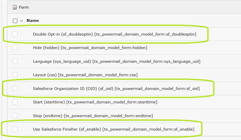 Fields to allow in the Form table