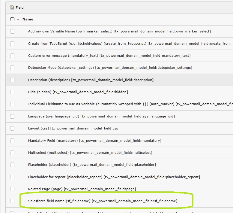 Fields to allow in the Field table