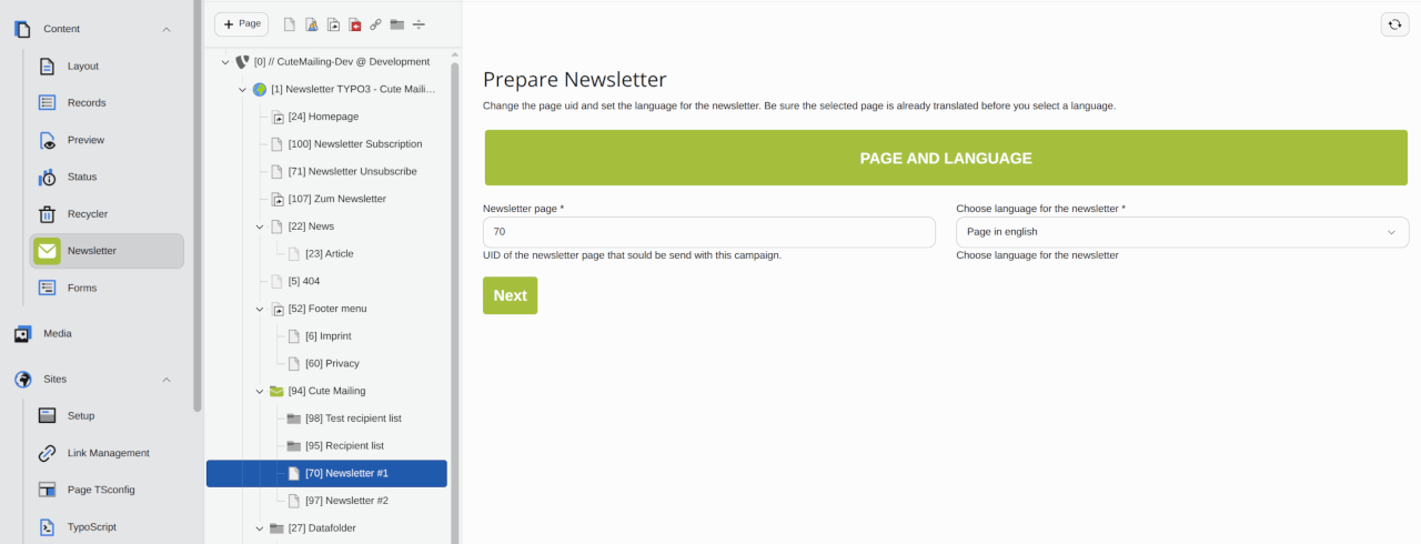 Module Cute Mailing: Creating multilanguage Newsletter