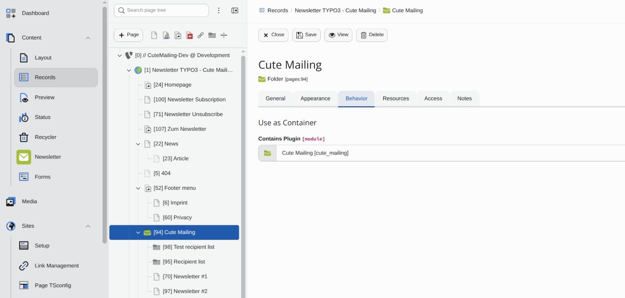 Created Sysfolder with module "Cute Mailing"