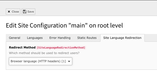 Screenshot showing the Site Language Redirection tab in the site configuration.
