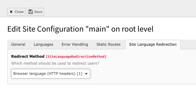 Screenshot showing the Site Language Redirection tab in the site configuration.