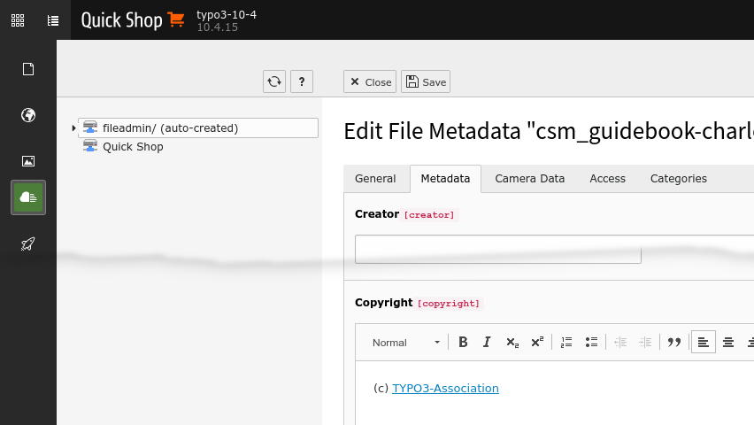 Copyright field: the rich-text-editor enables you to set an URL
