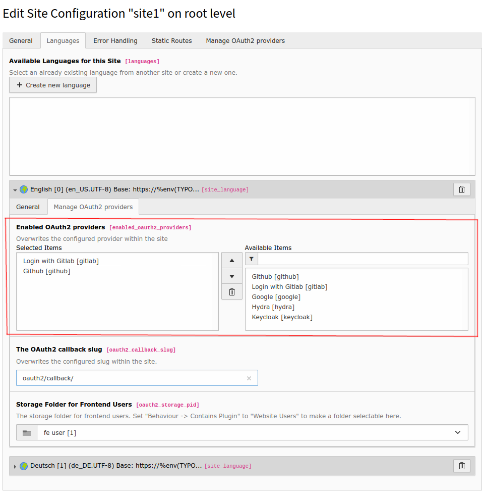 TYPO3 site language module with OAuth2 providers