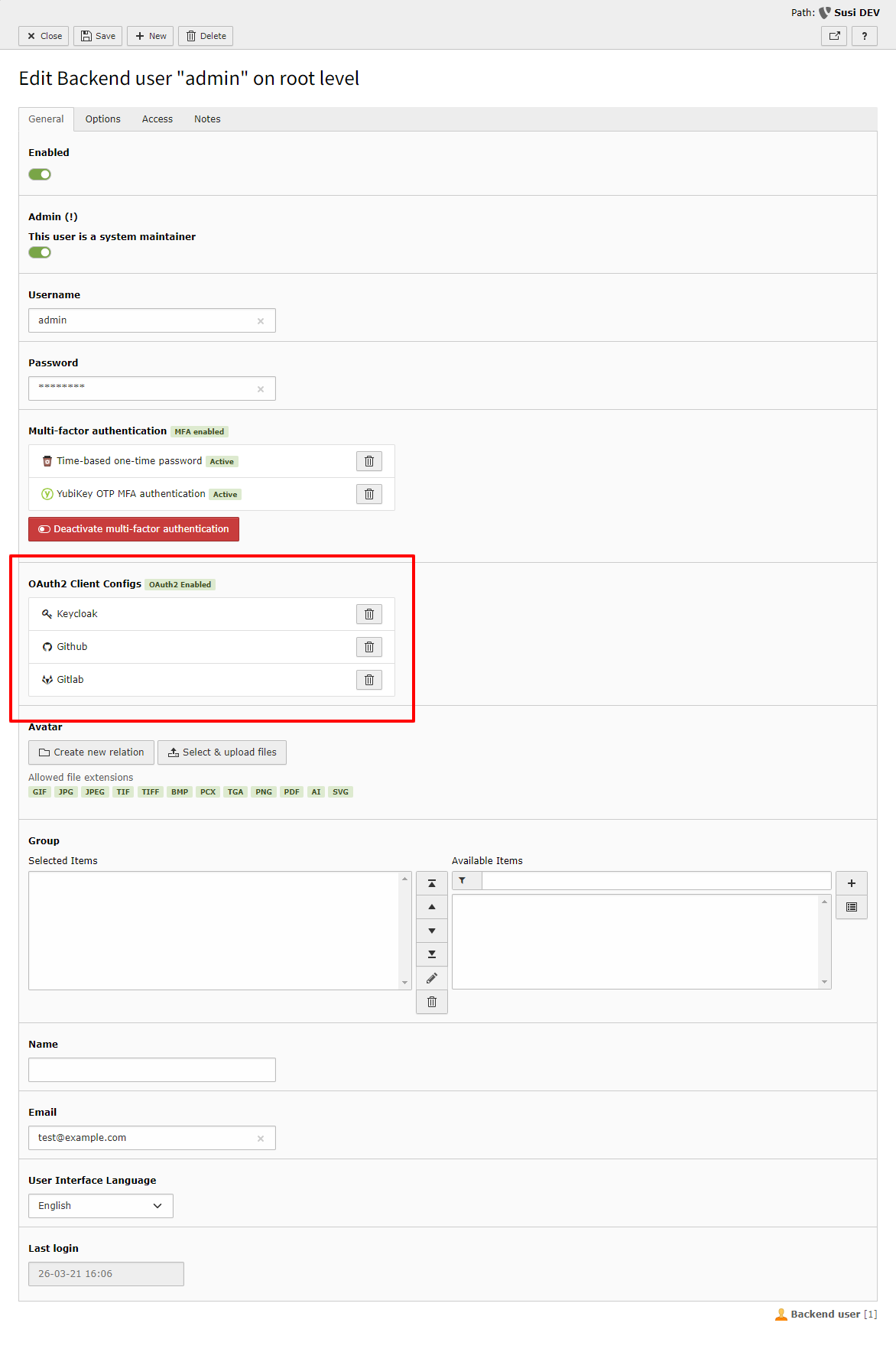 TYPO3 backend user configuration with enabled OAuth2 logins and Multi-Factor authentication