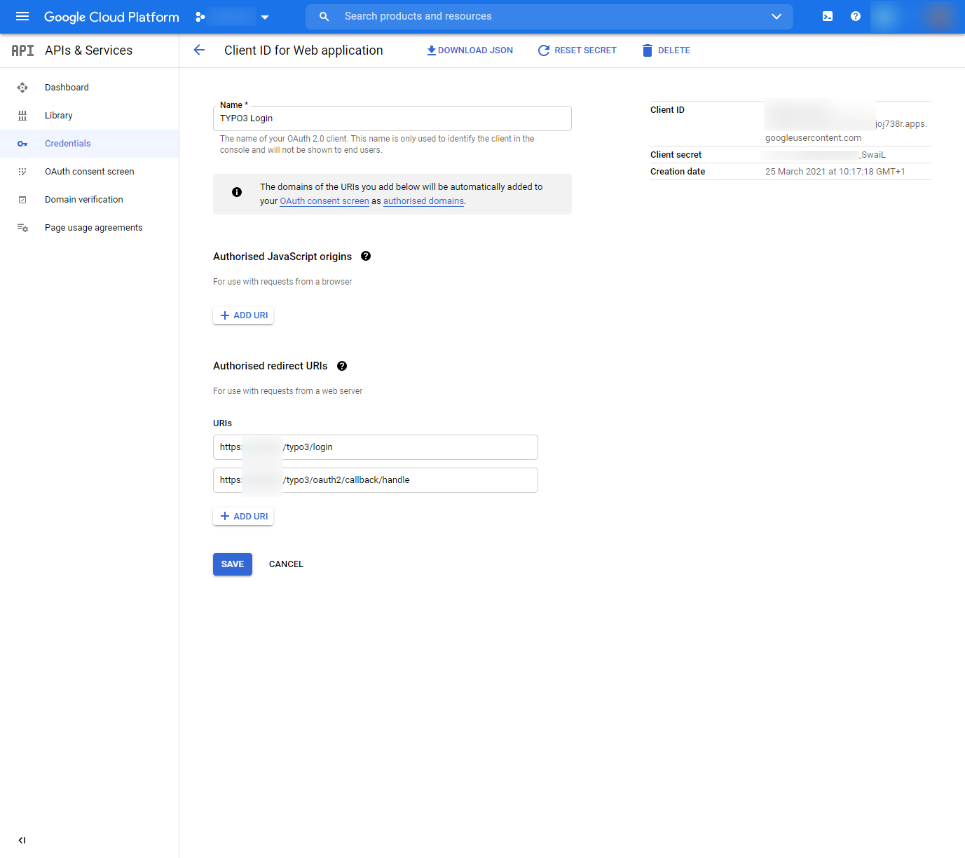 TYPO3 OAuth2 Google App Configuration