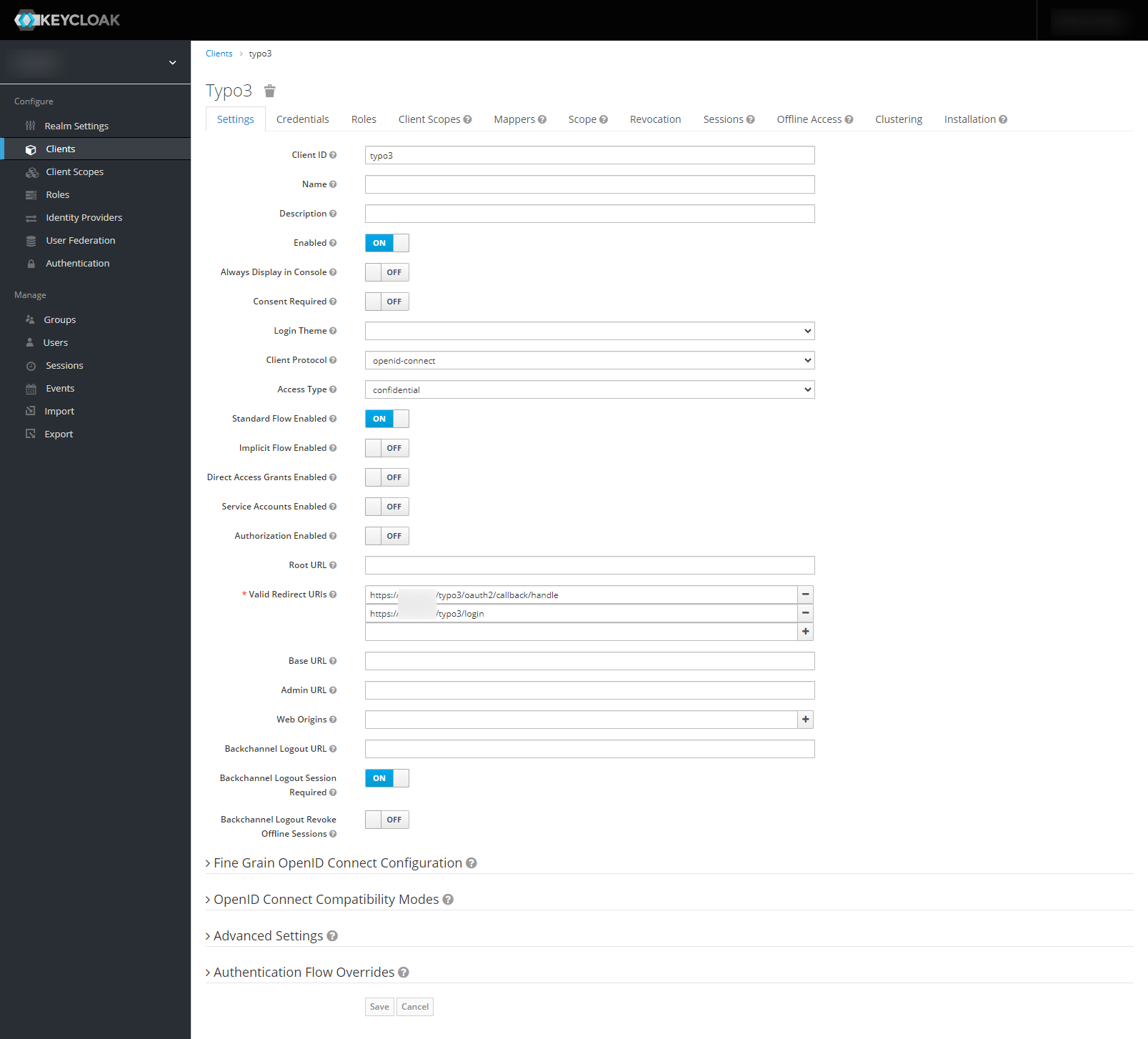 Keycloak client configuration for use with TYPO3