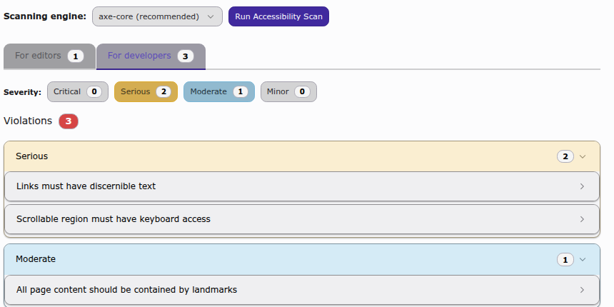 The "For developers" tab in the Accessibility module, showing severity-grouped findings such as "Links must have discernible text" and "Scrollable region must have keyboard access".