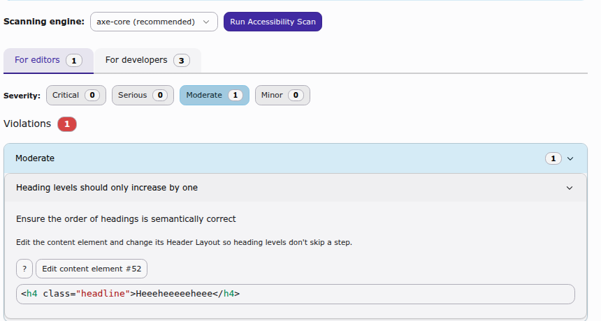 An expanded accessibility finding, showing its description, a button to edit the affected content element, and the offending HTML markup in a read-only code viewer.