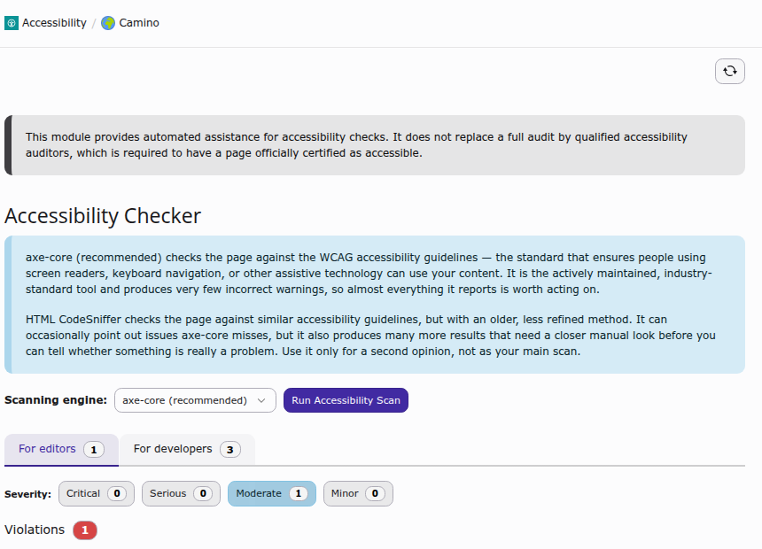 The Accessibility module, showing the audit disclaimer, an explanation of the two available scanning engines, and the list of violations found on the selected page.