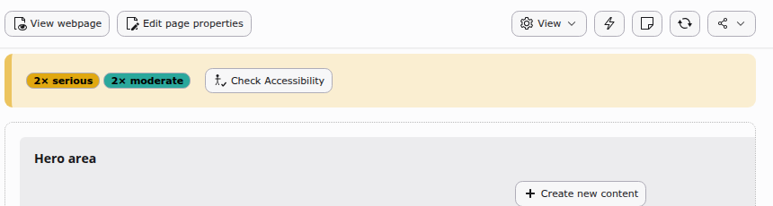 A hint banner above the Page module listing the number of serious and moderate accessibility issues found on the page, with a button to open the Accessibility module.