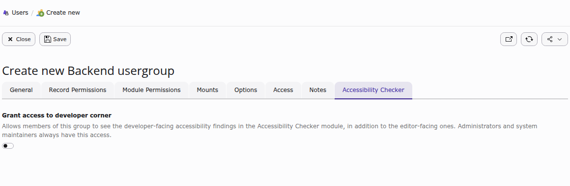 The Accessibility Checker tab on a Backend user group record, showing the same "Grant access to developer corner" toggle.