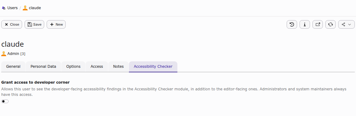 The Accessibility Checker tab on a Backend user record, showing the "Grant access to developer corner" toggle and its description.