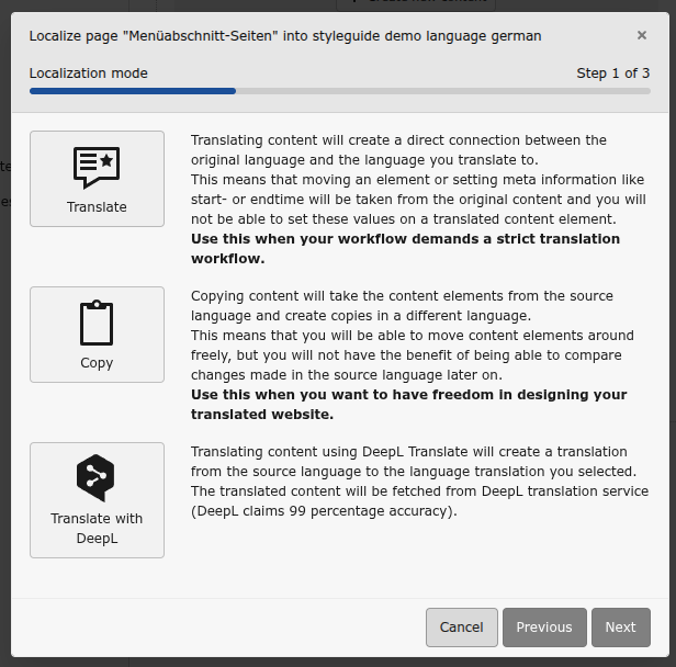 Select `Translate with DeepL` localization mode in TYPo3 v13