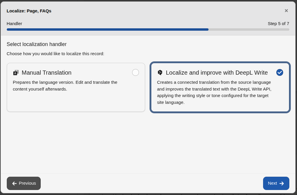 Select `DeepL Write` localization handler in TYPO3 v14