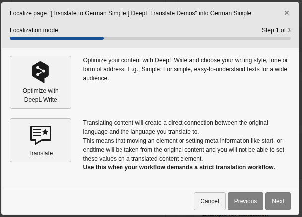 Select `DeepL Write` localization mode in TYPO3 v13