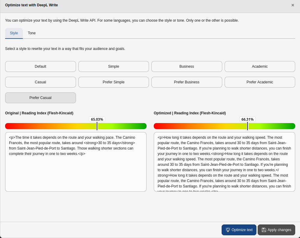 DeepL Write RTE overlay showing the readability score for the original and the optimized text