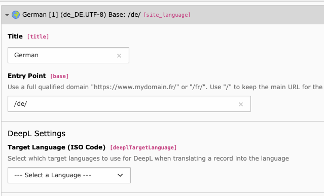 Site settings for a TYPO3 language showing empty DeepL Target Language dropdown