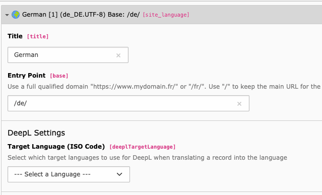 Site settings for a TYPO3 language showing empty DeepL Target Language dropdown