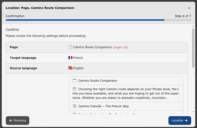 Review and confirm selected localization options