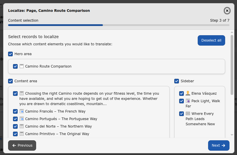 Select content elements to translate