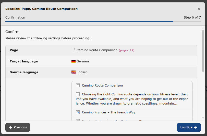 Review and confirm selected localization options