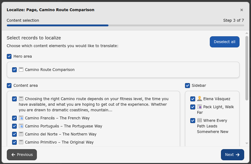 Select content elements to translate