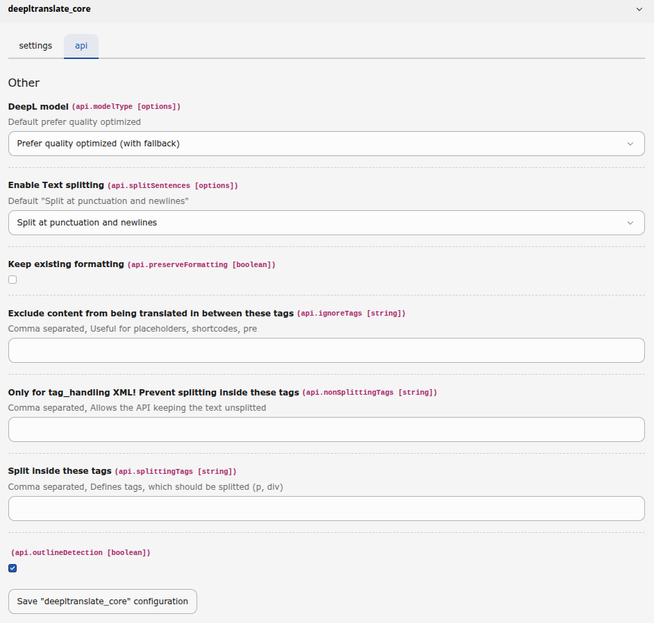 Screenshot of :guilabel:`Extension Configuration > deepltranslate_core > API`