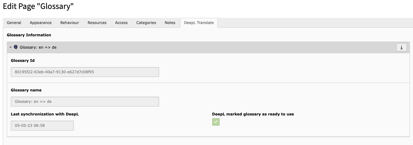Tab "DeepL Translate" with set ID, time of last sync and ready status