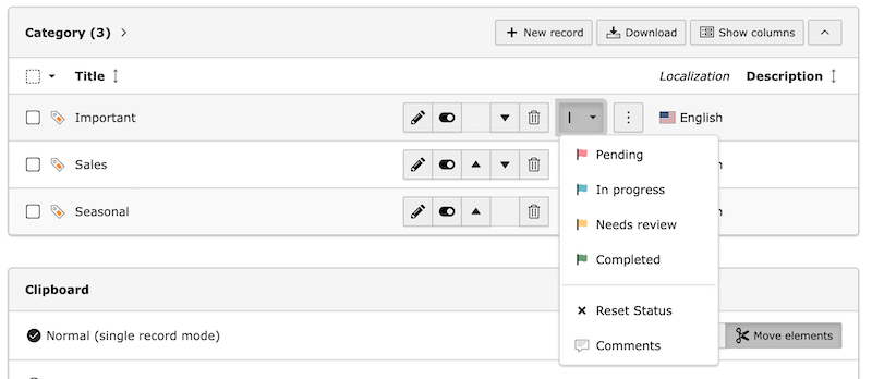 Change page status in the record list