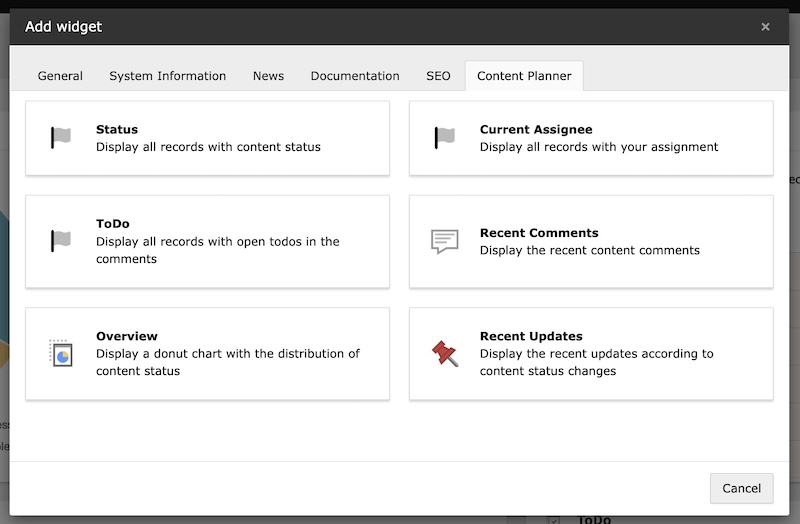 Select the content planner widgets