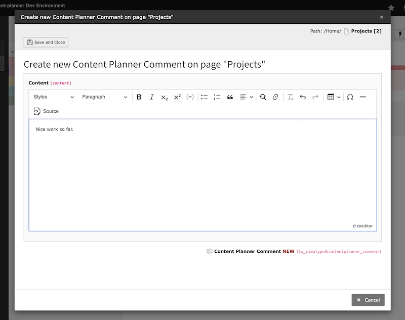 Create new comment modal dialog