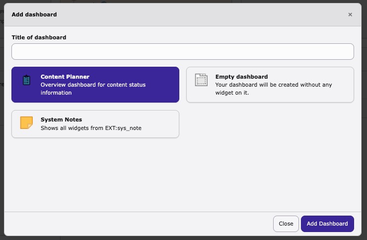Create new dashboard using the preset