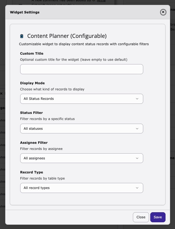 Configurable widget settings dialog