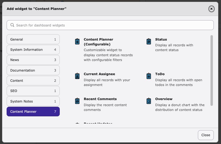 Select the content planner widgets