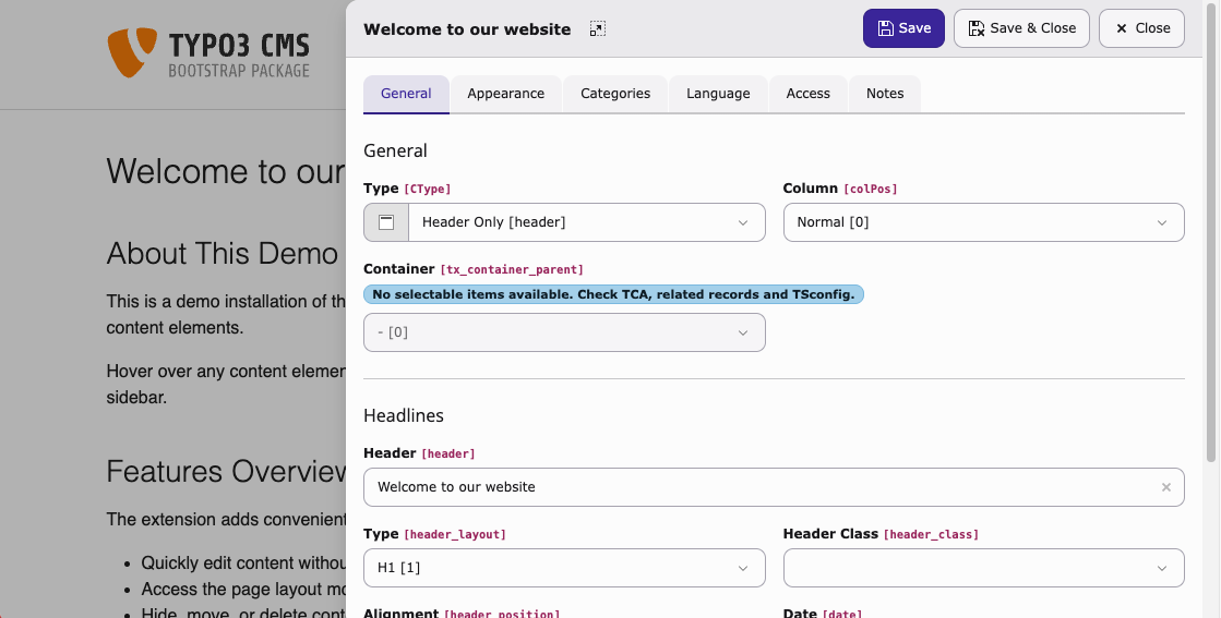 Inline editing sidebar on TYPO3 v14.2+