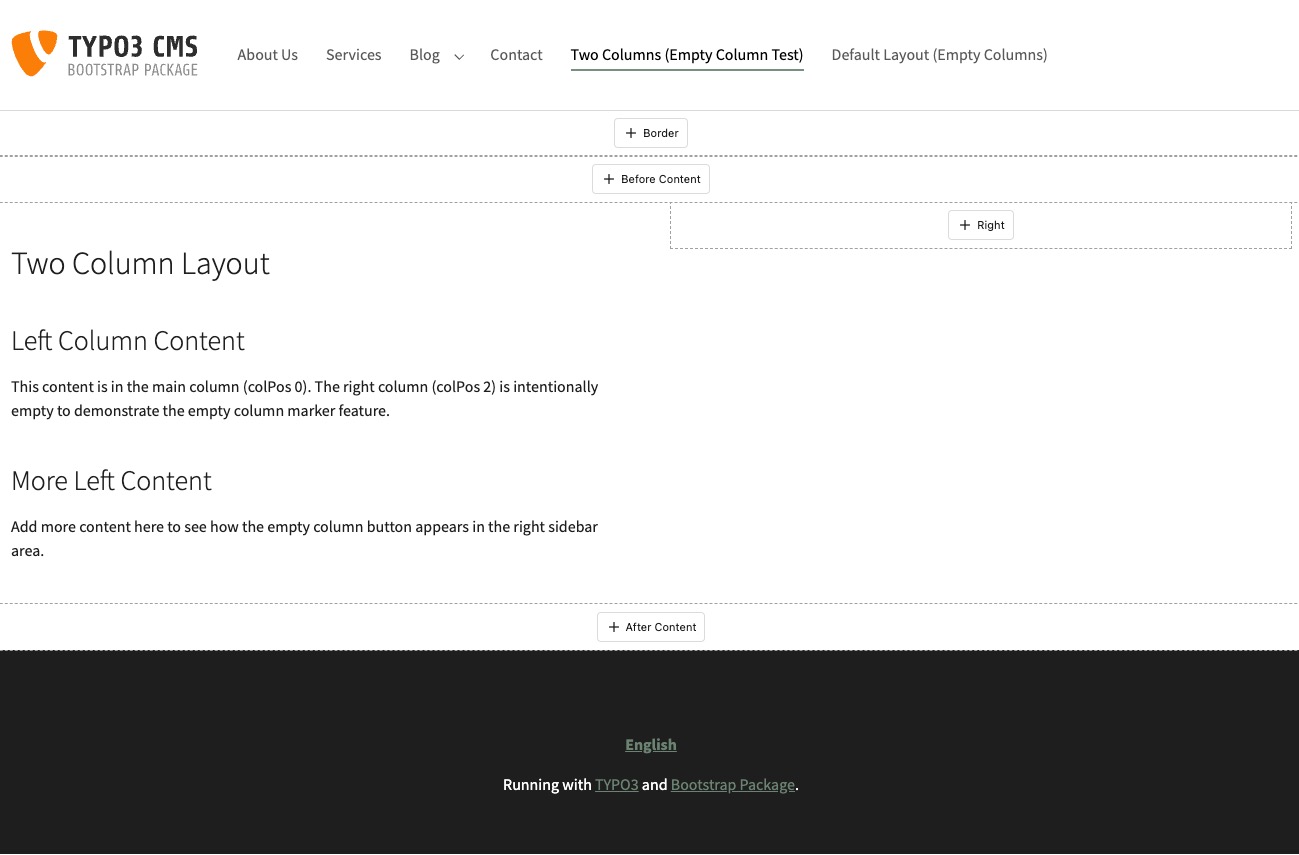 Empty column marker showing a "Create new content" button in the frontend