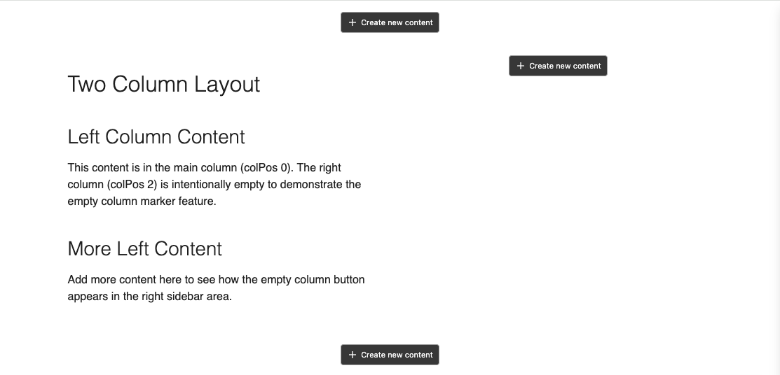 Empty column marker showing a "Create new content" button in the frontend
