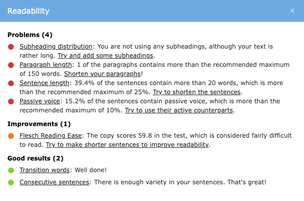 Example of the readability analysis
