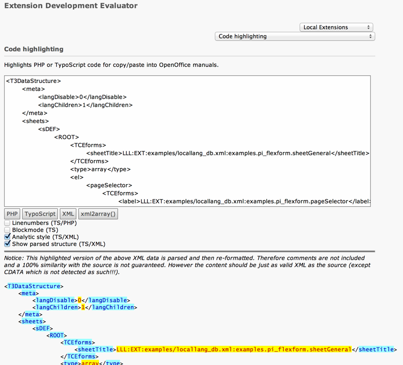 Highlighted FlexForm code in extdeveval