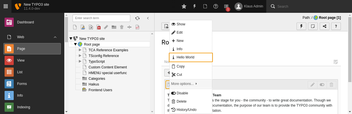The context menu now contains an additional item "Hello World"