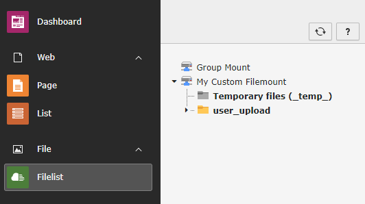 The file list with automatically mounted user and group directories
