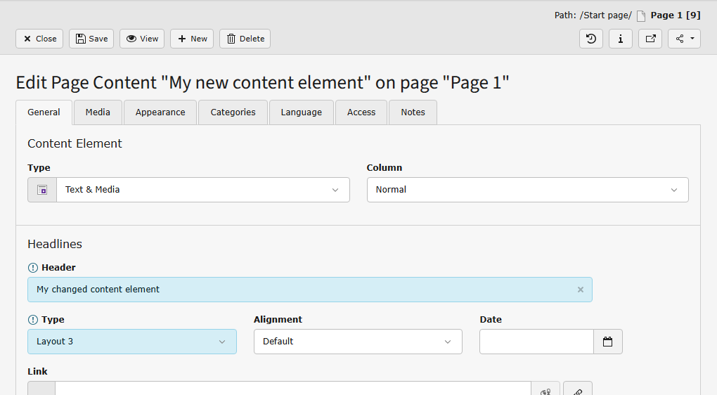 Content element edit form screenshot, demonstrating changed content which is highlighted