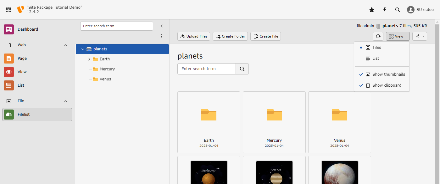 Screenshot of the "Filelist" backend module in TYPO3