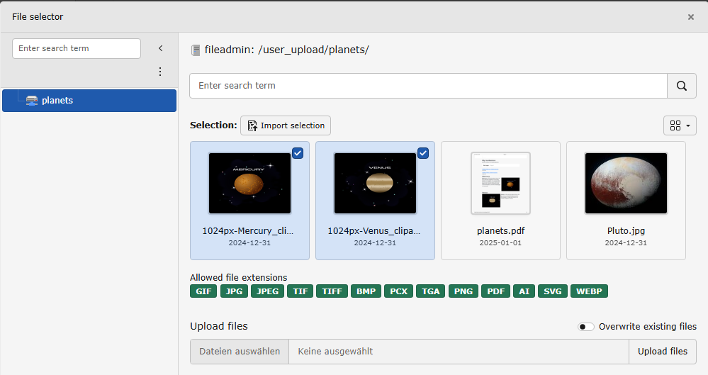 The file selector window in the TYPO3 backend