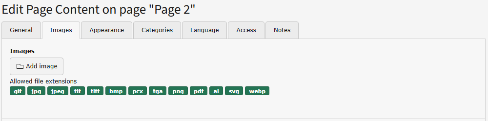 Screenshot of a "Text with Image" TYPO3 content element, tab "Images"