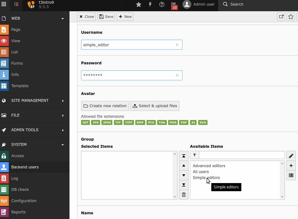 Fill out fields for the new backend user