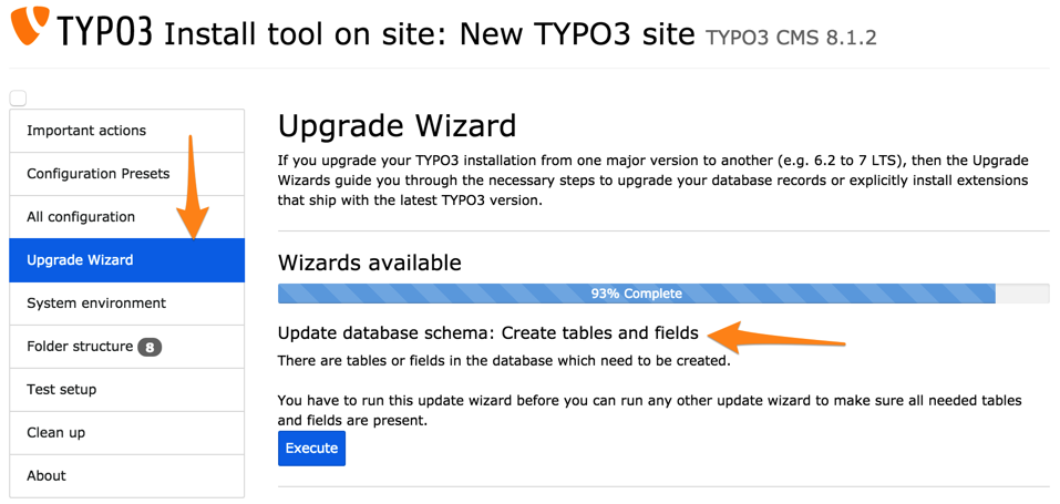 The Upgrade Wizard indicating that the database needs updates