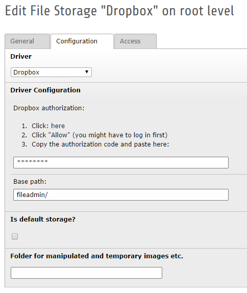 Dropbox storage config